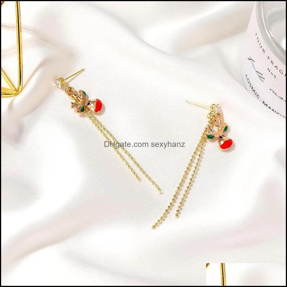 European Long Tassel Dangle Earrings For Christmas Gift Tree Circle Elk Ear Drop With Diamond Beads Women Gold Earring Ornaments