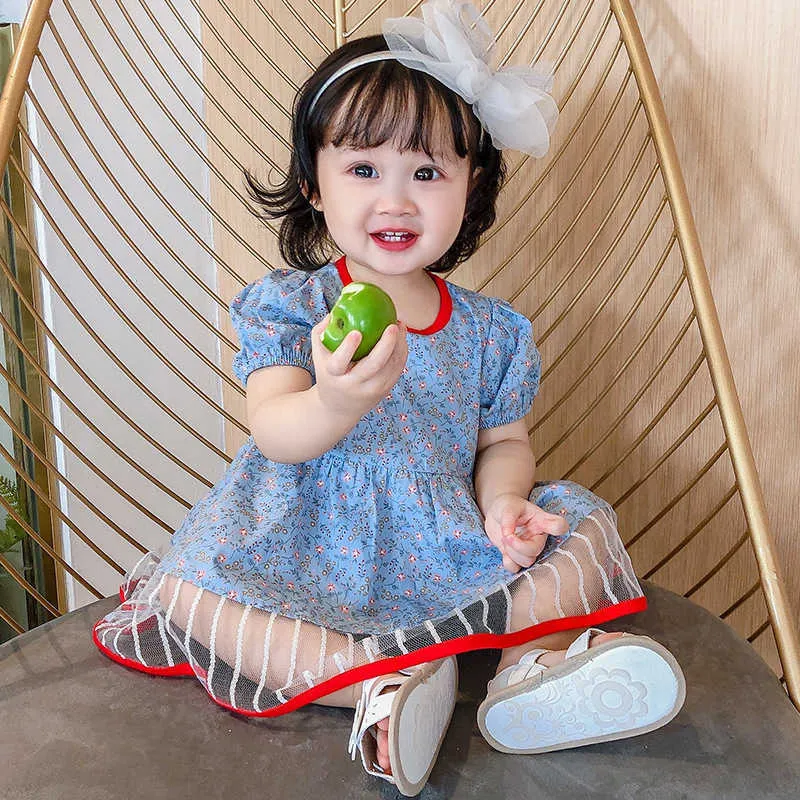 Korean Girls Floral Dresses Baby Puff Leeve Dress Summer Thin Frock Children 1st 2nd first year Birthday Outfit 210615