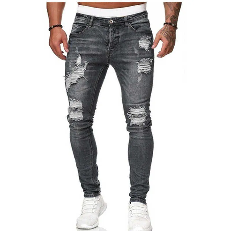 Jeans con foro in vita da uomo Estate Autunno Pantaloni skinny in puro colore Slim Biker Outwears Pantaloni Classic Cowboys Young Man Joggin X0621