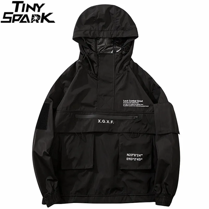 Hommes Hip Hop Streetwear Veste Manteau Noir Coupe-Vent Cargo Pull Harajuku À Capuchon Piste Tactique Outwear 211008