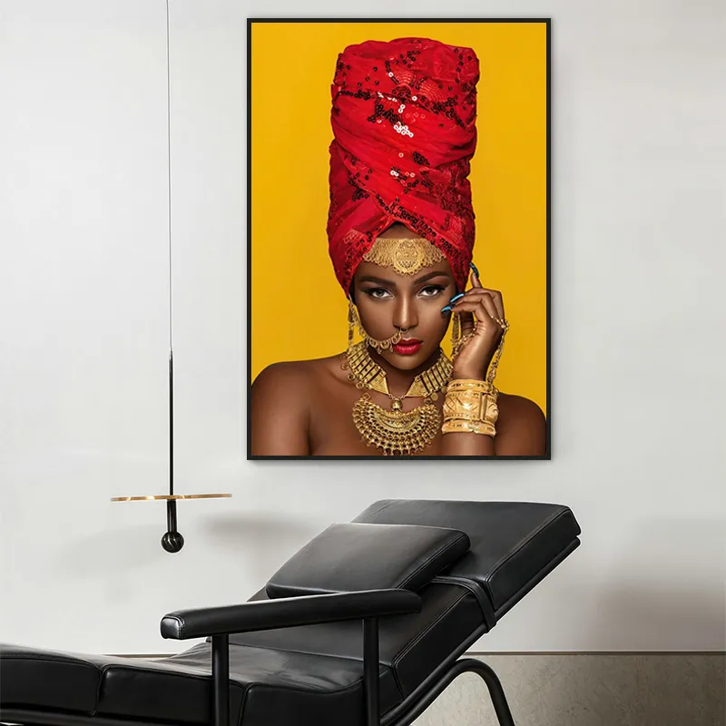 Poster e stampe di donne africane nude sexy, donne con cappello rosso, stampa su tela, pittura gialla, immagini di Cuadros per la decorazione domestica