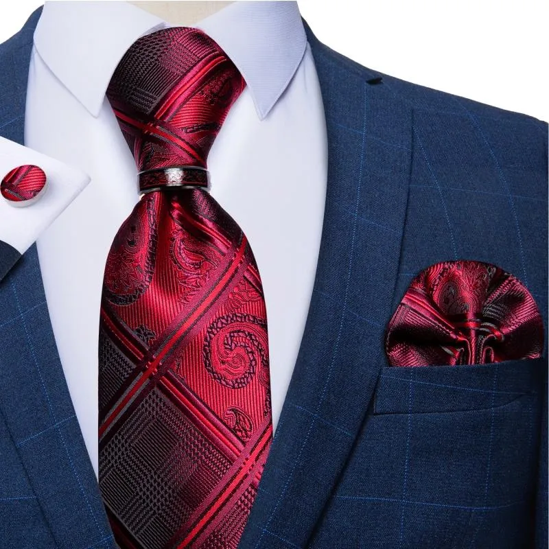 Båge slipsar män röd silke slips uppsättning bröllop tillbehör mens nacke med näsduk manschettknappar grossist föremål för affärsfall