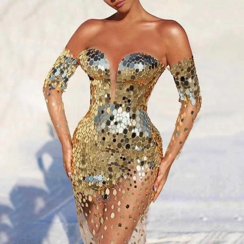 Women's Clothing Casual Dresses Gold Sequined For Women Strapless Illusion Off The Shoulder Bodycon Dress Female Sexy Night Club Party Sheath