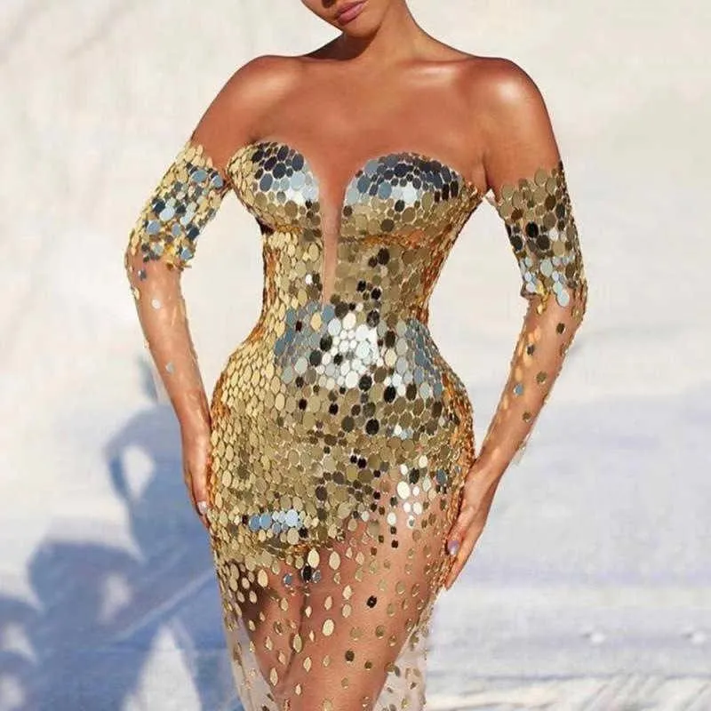 Damkläder Fritidsklänningar Guld paljetter För kvinnor Axelbandslös Illusion Off The Shoulder Bodyconklänning Kvinnlig Sexig Nattklubb Festslida