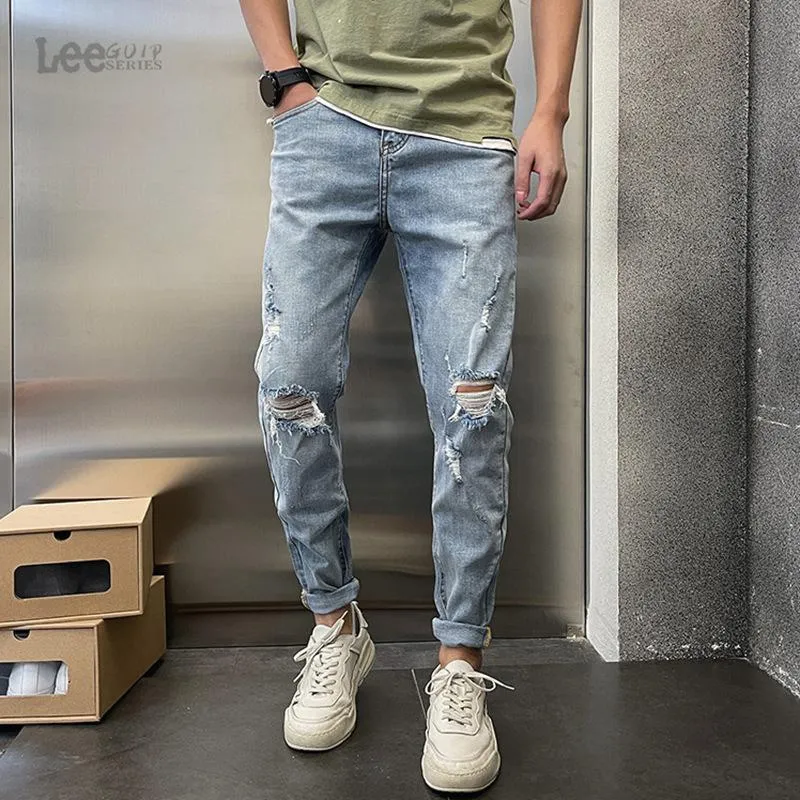 Trendy Ripped Ankle Jeans for Men Casual Pencil Trousers for Teens
