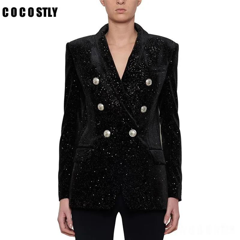 Kadınlar Suits Blazers 2021 Kış Tasarımcısı Blazer Kadın Aslan Düğmeleri Sehak Yıldız Gümüş Gümüş Glitter Velvert Ceket ve Ceket Ceket