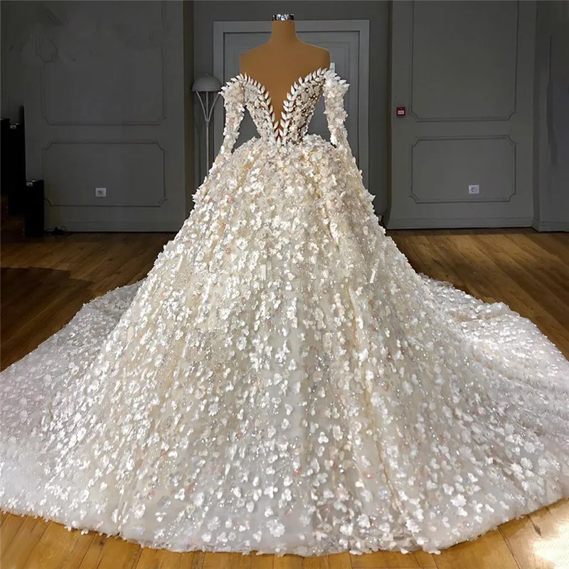 クリスタル真珠のデザインのウェディングドレス高級現代のローブデマリエドバイイスラム教徒のセクシーなイリュージョン長袖スイープトレインブライダルガウン