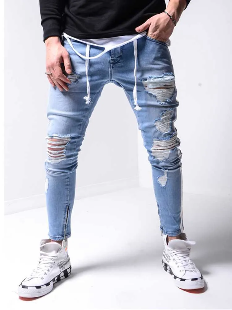 Männer Bleistift Hosen Slim Fit Knie Löcher Hip Hop Skinny Jeans Mode Seite Weiß Streifen Distressed Ripped Stretch Streetwear Denim X0621