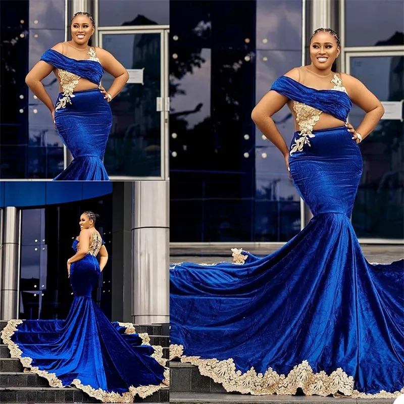 Abiti da sera in velluto di lusso Plus Size Abito da ballo a sirena con applicazioni Sweep Train Abiti da festa formali chic su misura