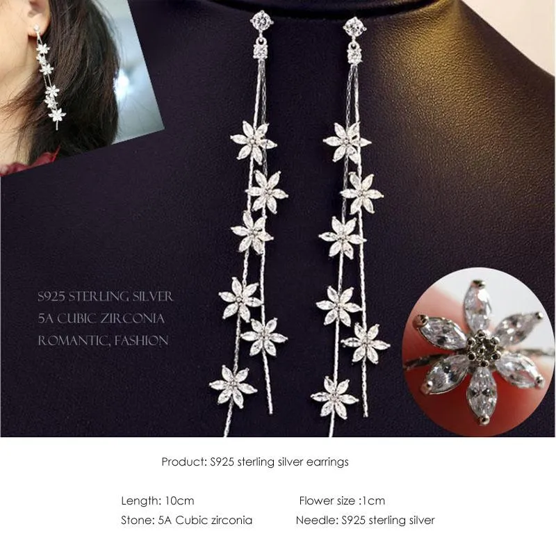 Stud Fashion Long Crystal Flower 925 Sterling Silver Earingen voor vrouwen S925 Sieraden Tassel Earring CZ Oording Vrouw