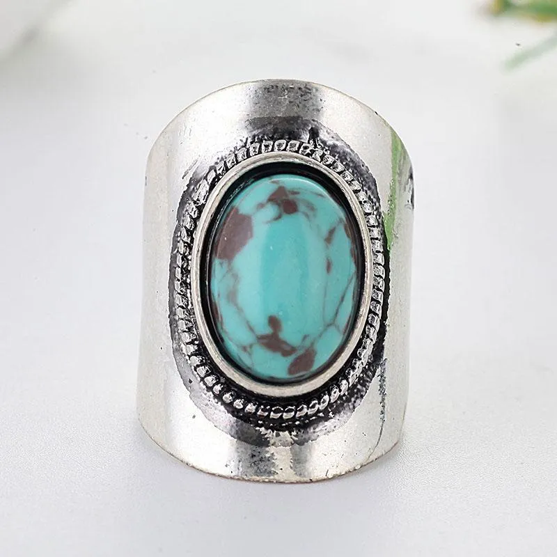 Klaster pierścienie Vintage Tybet Boho Srebrny Kolor Zielona Żywica Kamień Dla Kobiet Party Turkusisises Antyczne Duży Owalny Rzeźbiony Kwiat Ring O5x729