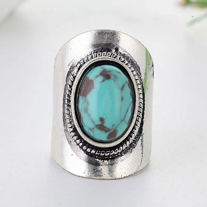 Kluster ringar vintage tibet boho silver färg grön harts sten för kvinnor fest turkos antik stor oval snidad blomma ring o5x729