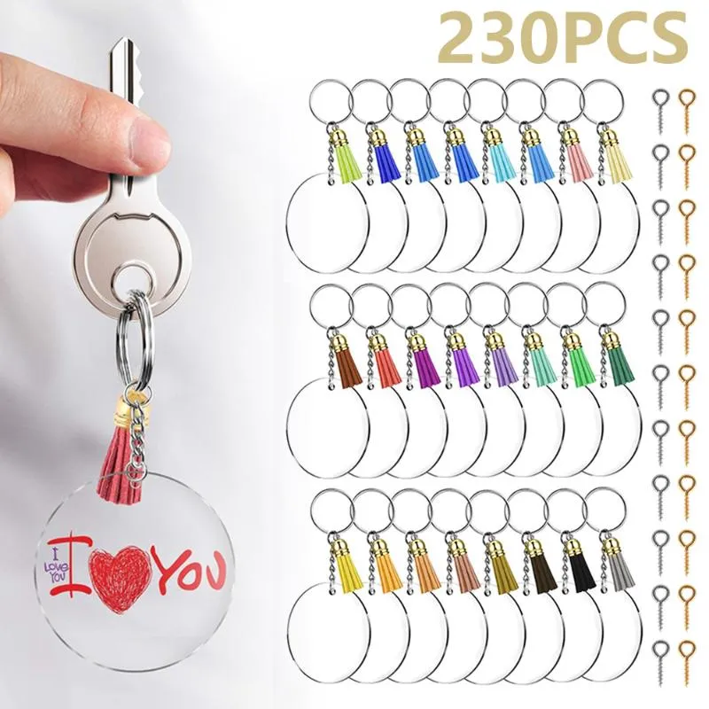 230Pcs Key Ring DIY Clear Circle Discs Keychains Making Kit Metal Acrylic Round Keyrings Blanks Tassel Pendant As Party Favors