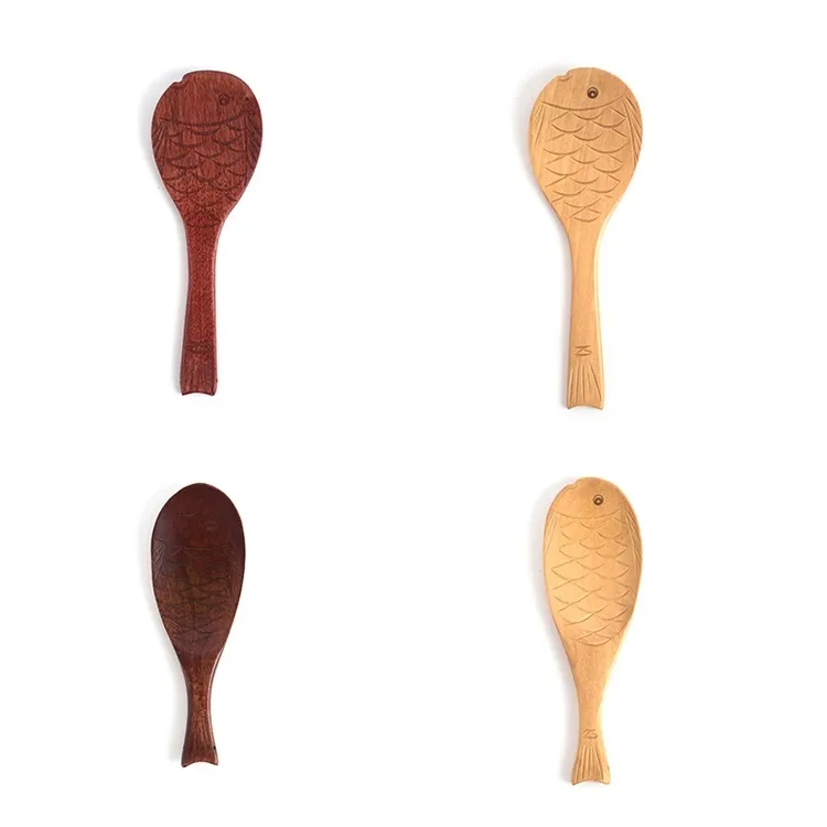 4 estilo Forma de pescado Cuchara de madera Café Revuelva Cuchara Té Sopa Azúcar Miel Postre Cuchara pequeña Herramientas de cocina para el hogar T2I51691