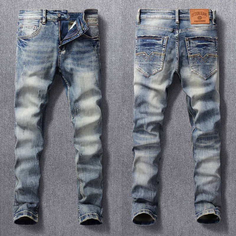 Mode européenne et américaine hommes jean de haute qualité rétro bleu élastique mince déchiré Vintage concepteur pantalon Denim décontracté QQ8C