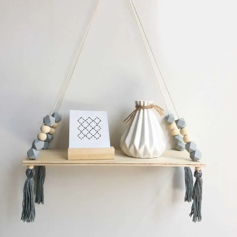 Nordic style beads colorful wood shelves with tassel Wall clapboard decoration Children room kids clothing store display stand 210705