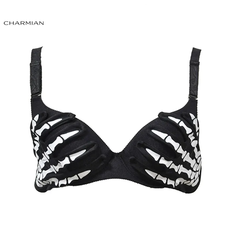 Charmian Women's Halloween Sexy Punk Bra Top Steampunk Skeleton Claws Party Nightclub Rock White Bones Clubwear Bra Crop Top 210308
