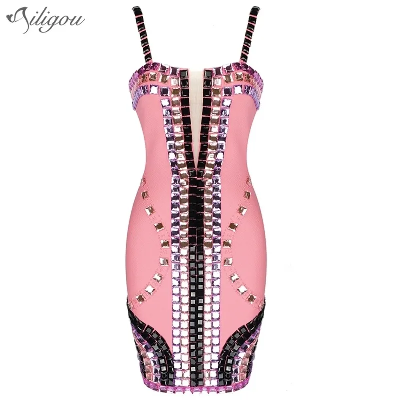 Free Fall Fashion Elegant Bead Design Sexy Sleeveless Celebrity Party Club Mini Bandage Dress Vestidos 210525