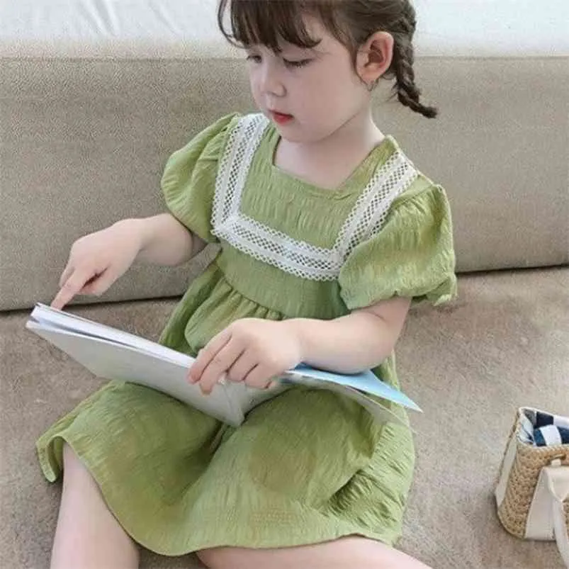 Robe de filles d'été de style coréen col carré dentelle couture princesse bébé enfants vêtements pour enfants pour fille 210625