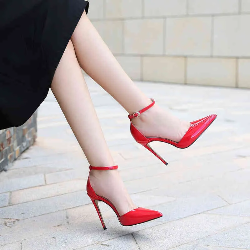 Moda-Damas zapatos de tacón alto tacones brillantes tobillones hebilla huecos huecos 12 cm bombas de stiletto mujer zapatos de gracia Darss zapatos de fiesta moda