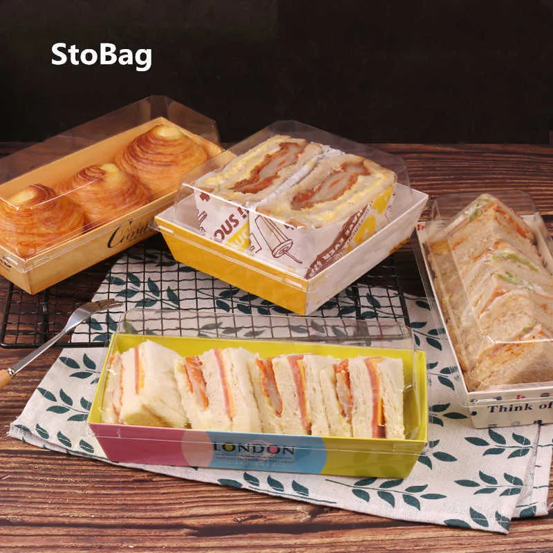 Stobag 10pcsベーキング透明なパープボックス朝食朝食箱パティスリーケーキボックスと包装の誕生日ベビーシャワークッキー種別好意210602