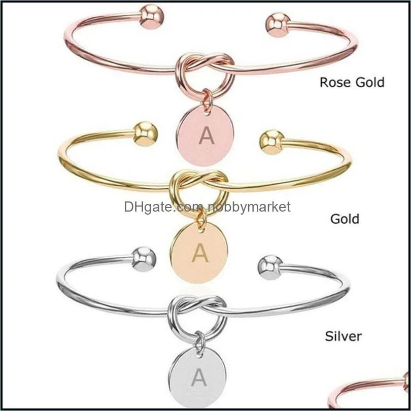 Bracelets de manchette Bijoux 26 Lettre initiale Charme Ouvert pour les femmes Gold Sier Rose Alphabet Cravate Noeud Fil Bracelet Mode DIY Drop Livraison 2021 W3