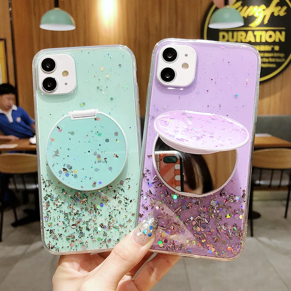 Luxury Glitter Spegel Telefonväskor med hållare till iPhone 6S 7 8 Plus XS XR 11 12 13 PRO MAX CASE UF781