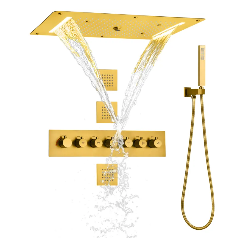 온도 조절기 브러시 금 샤워 시스템 700x380 mm LED 욕실 강우 폭포 폭포 고급 조합 세트