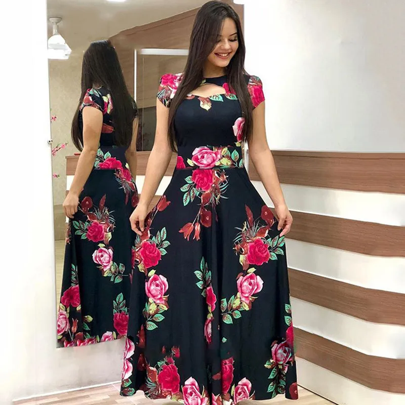 Plus Größe Frauen Kleid Sommer Casual Böhmen Blume Drucken Maxi Kleider Damen O Hals Kurzarm Aushöhlen Tunika Kleid vestidos X0521