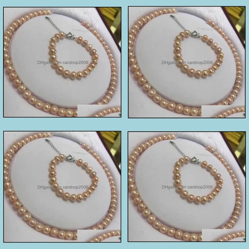9-10mm Pink Natural Pearl Beaded Necklace Bracelet Set 925 Silver Clasp Women`s Gift Jewelry