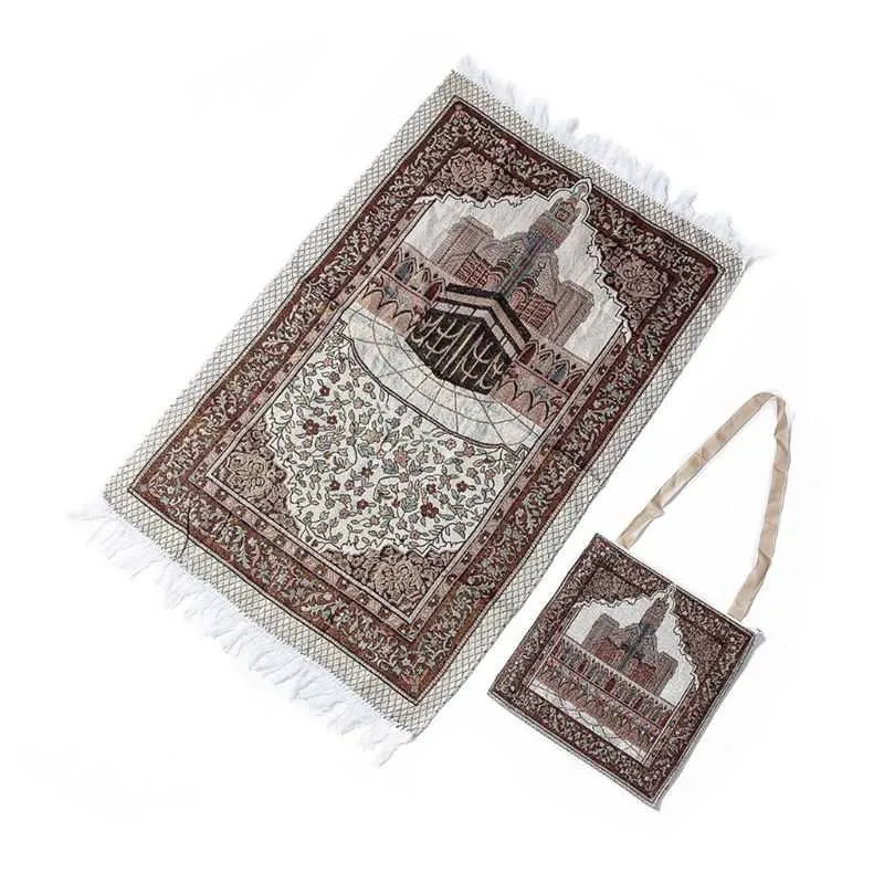 1Set Muslim Prayer Rug Portable Polyester Braided Print Mat Travel Home Waterproof Blanket with Carrying Bag 65x105CM 210831