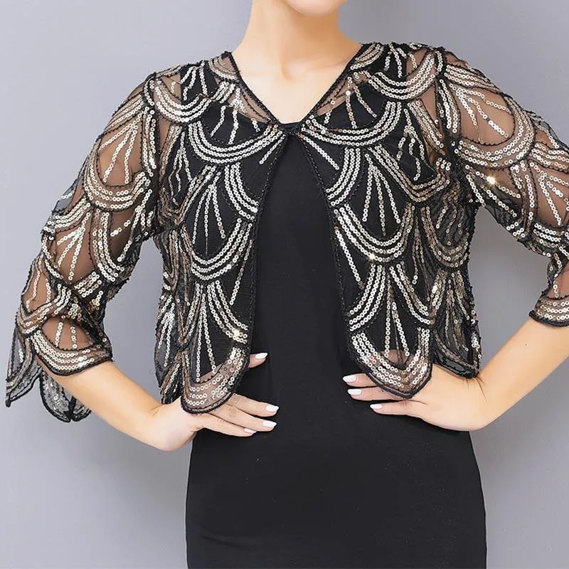 Wraps Jackets 1920s Sequin Shawl Wrap Gatsby Beaded Evening Cape Flapper Bolero Shrug