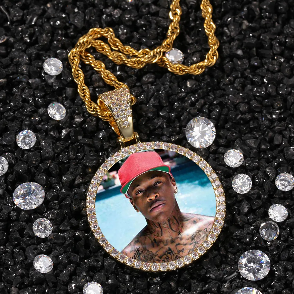 Custom Photo Memory Medallions Solid Pendant Necklace With Rope Chain Hip Hop Jewelry Personalized Cubic Zircon Chains Gift