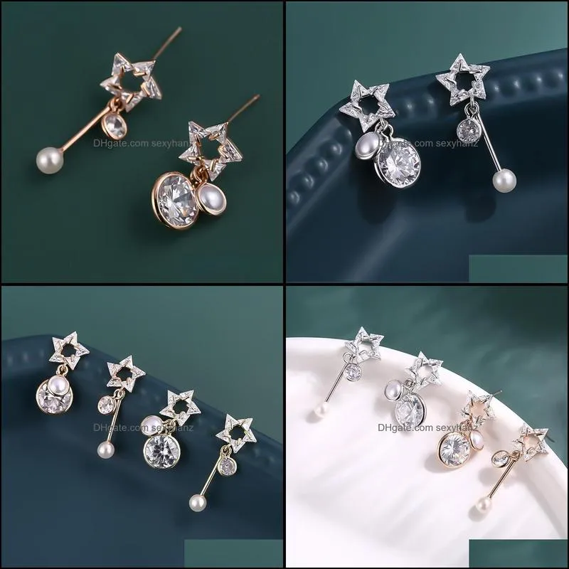 Dangle & Chandelier Minar Unique Design Hollow Out Star Freshwater Pearl Earings For Women Exquisite Asymmetric Cubic Zircon Jewelry