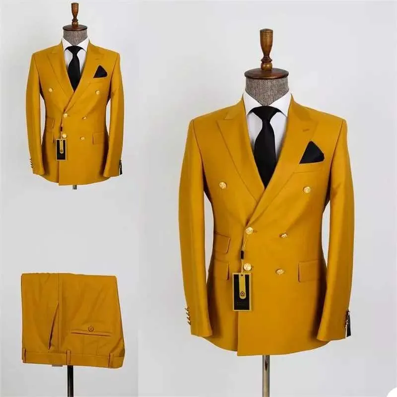 2021 mais recente amarelo double breasted homens ternos traje homme bainha baile tnono masculino slim fit groom blazer 2 pcs jacket + pant x0909