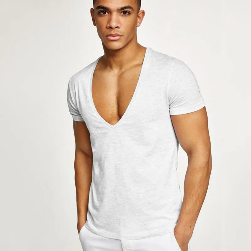 Deep V Neck T Shirt for Men Low Cut Scoop Tee Invisible Vee Top Cotton  Short Sleeve Wide Neck White S : : Fashion