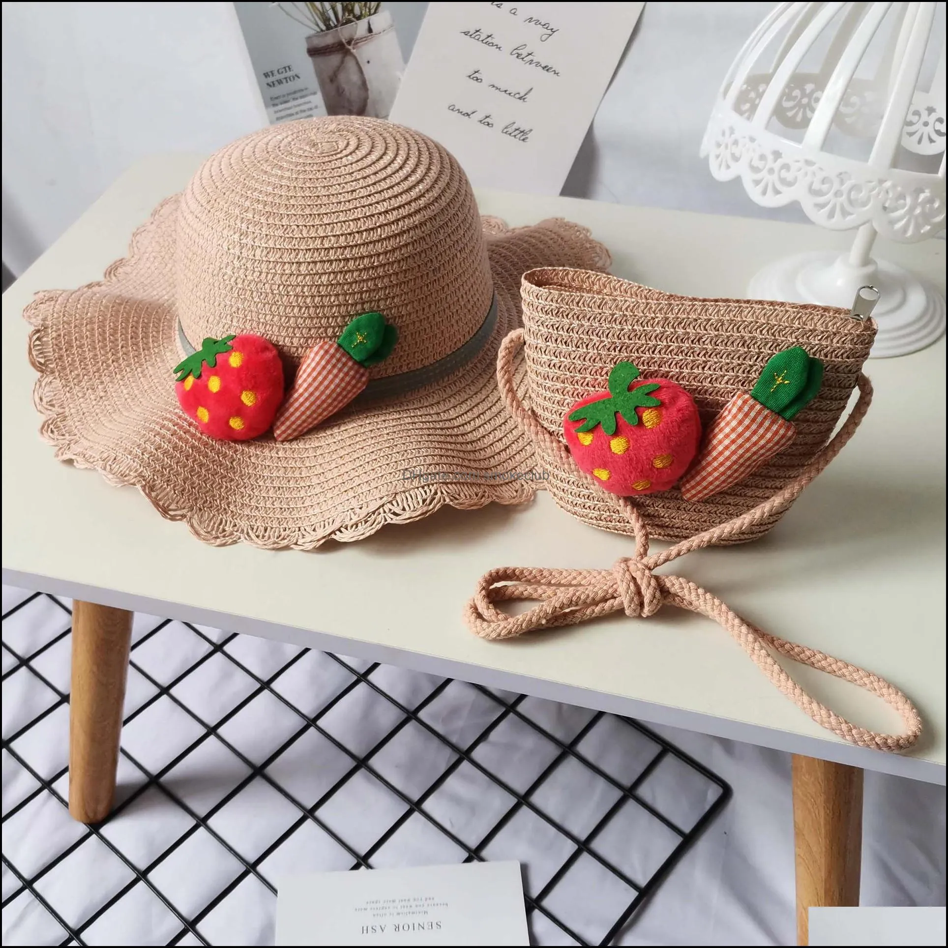 Party Hats Summer Outdoor Fruit Strawberry Bucket Hat For Girls Children Kids Sun Weaving Straw Cap Baby Beach caps Band