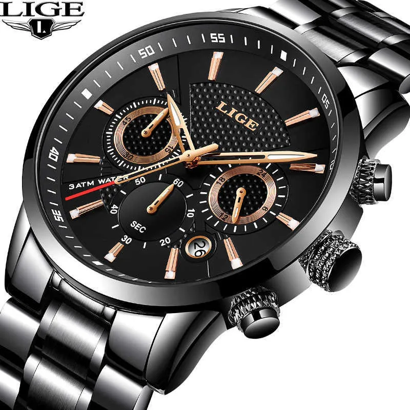 Мужские часы Lige Top Brand Роскошные Водонепроницаемые Кварцевые Часы Мужской Мода Спорт Военные Нержавеющая Сталь Часы Relogio Masculino 210527