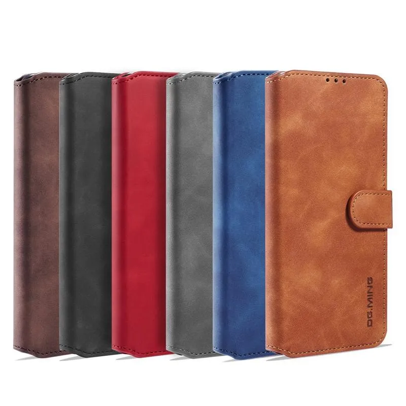 Vintage Oil Leather Wallet Fodral för Samsung A72 A52 A42 A32 A12 A91 A81 A71 A51 A41 A31 A21 A90 A70 A50 A40 A30 A20 A10 HUAWEI Flip Cover Card Slot ID-rem