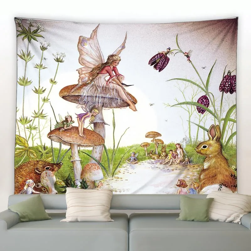Tapestries Dream Forest Printed Tapestry Magic Tree Mushroom Butterfly Fairy Family Decoration Wall Hanging Deken