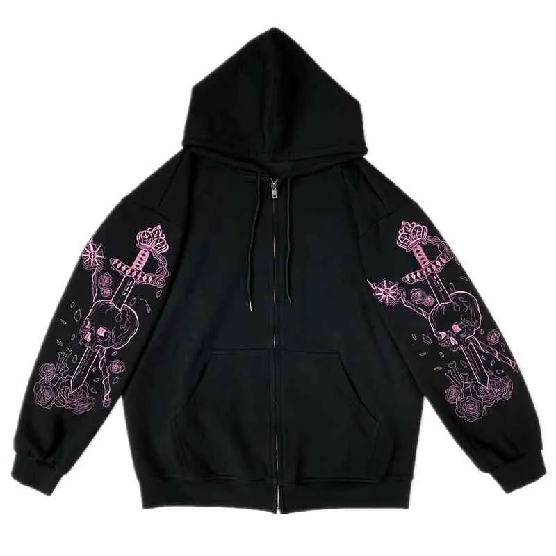 Punk Graphic Print Zipper Ribbon Hooded Hoodie Vintage Black Oversize Coat Sweatshirt 90s Streetwear Clothing Jacket