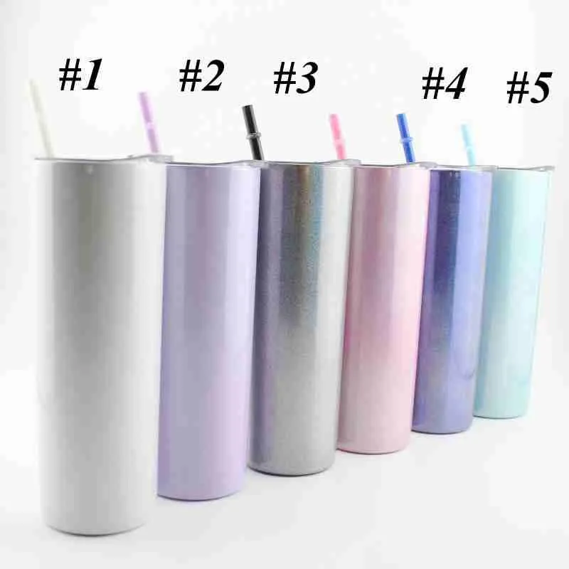 Sublimation 20oz Glitter Tumblers Stainless Steel Skinny Tumbler Rainbow Tumblers Vacuum Insulated Beer Coffee Mugs with Straw LLS61