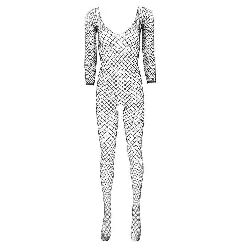 Womens Hollow Out Fishnet Bodysuit 란제리 특종 목 긴 소매 점프 슈트 커플을위한 Crotchless Stretchy 전신 스타킹