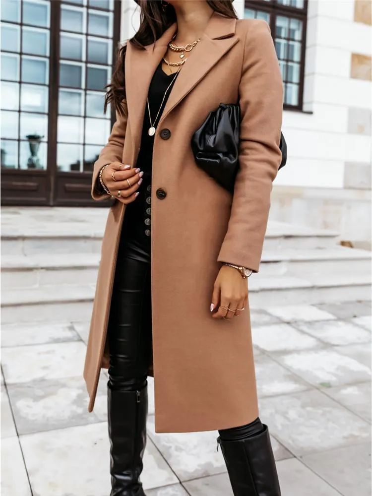 Femmes Mélanges De Laine Midi Longs Manteaux Et Vestes Femmes Hiver Caban Chaud Survêtement Simple Poitrine Solide Pardessus Casual Trench Coat