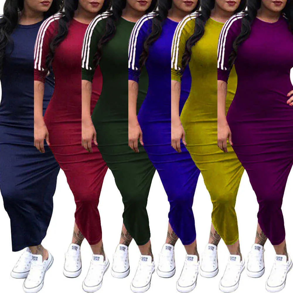 S-3XL Mulheres Midi Vestidos Moda Stripe Dress Multi Cor Slim Sport Style Dress Long Dress One Piece Roupas