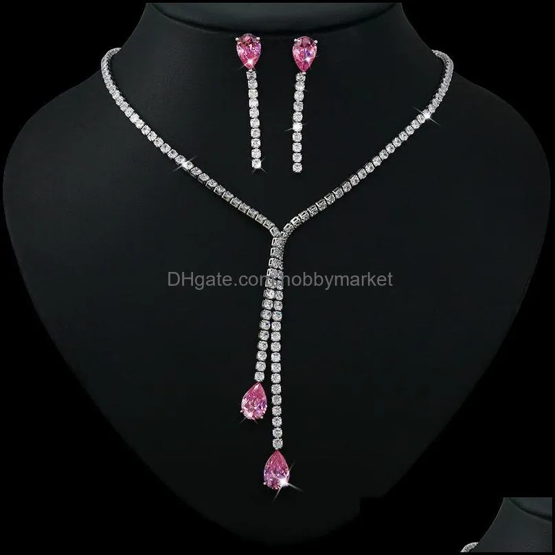 Earrings & Necklace Bilincolor Pink Cubic Zirconia Earring And Jewelry Set For Bridal Wedding