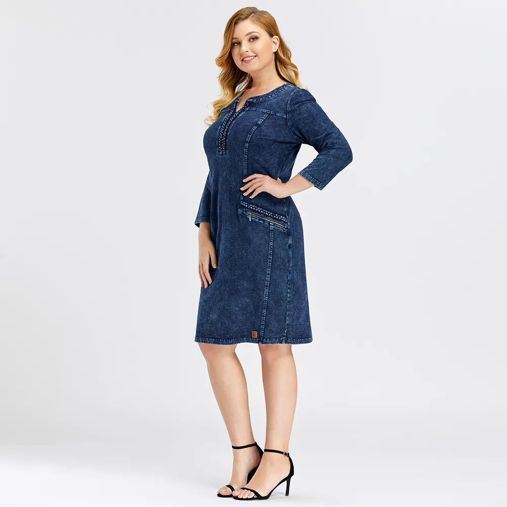 Mulheres Plus Size Denim Vestidos Elasticity Malha Fit Fit Casual ombro almofadas Midi Dress