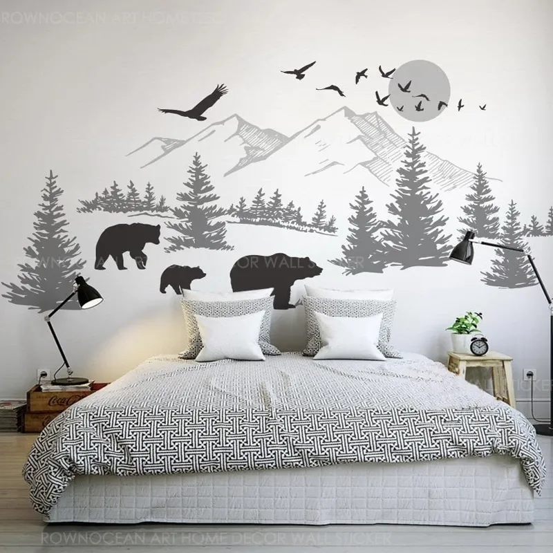 Autocollant en vinyle mural de paysage de montagne avec famille d'ours, art mural de pin pour papier peint de pépinière DIY Murals 3907 210308