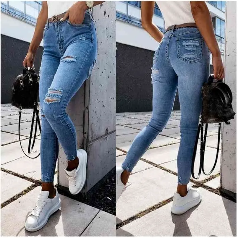 Style Européen et Américain Femmes Casual Mode Jeans Taille Haute Confortable Stretch Wash Dames Denim Pieds Pantalon WS30 210809