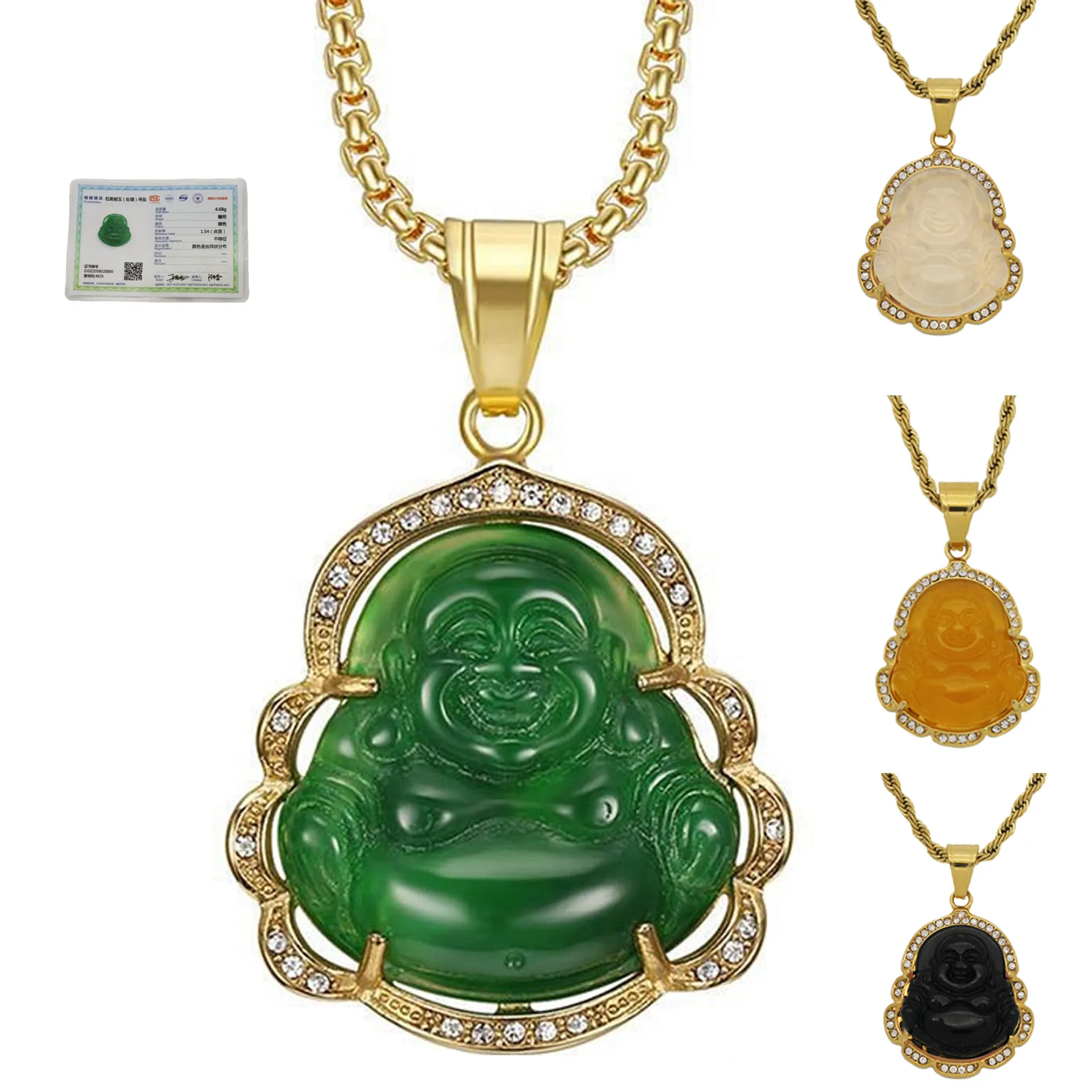 Green jade biżuteria śmiech Buddha wisiorek Naszyjnik dla kobiet ze stali nierdzewnej 18 -karatowy złoty akcesoria amuletowe Dzień Matki Prezent